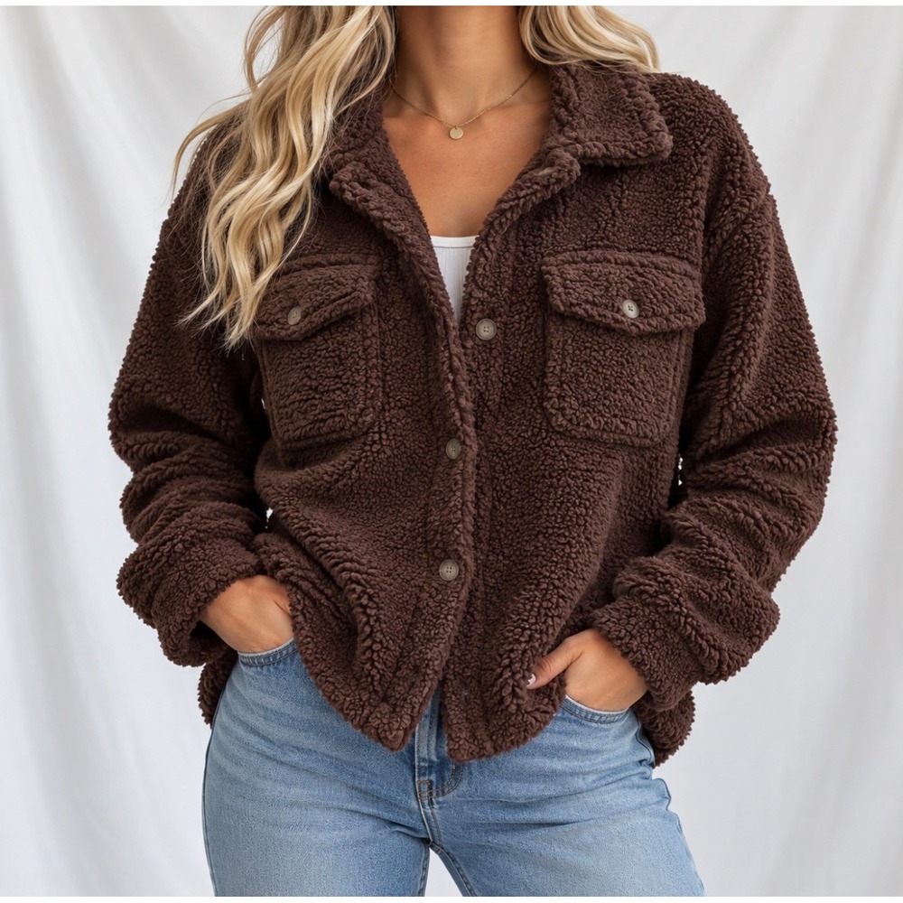 32 Degrees Heat Shacket XS/S Brown Good Sherpa Fleece Button Front Jacket